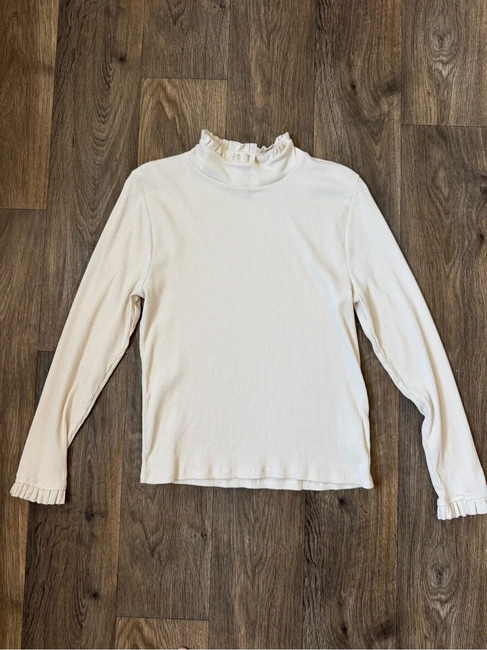 J. Crew Vintage Cream Ruffle Mock Neck Ribbed Long-Sleeve Top Women’s XL